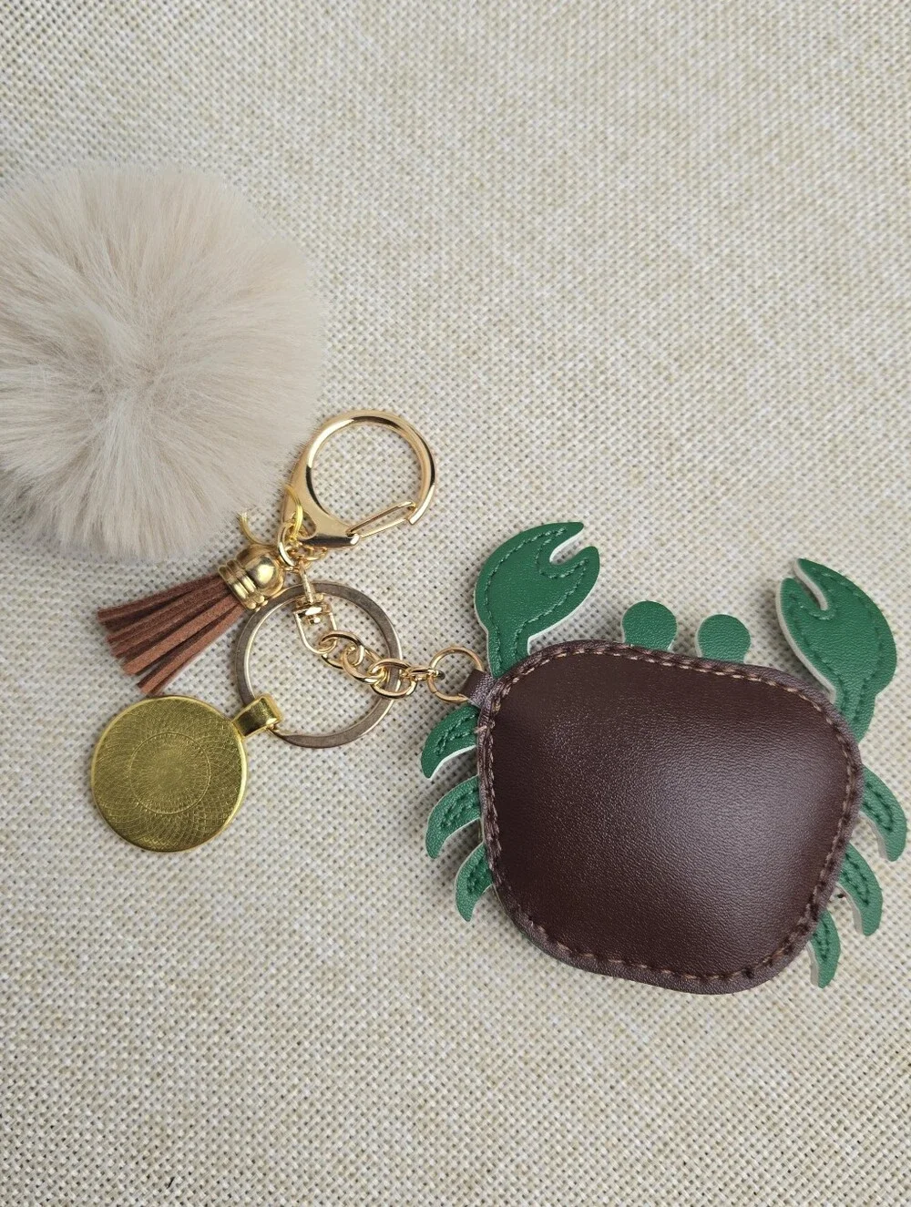 New Upcycled Gucci Crab Bag Charm Keychain 2 Keyrings Fluffy Pom Pom - Picture 2 of 2